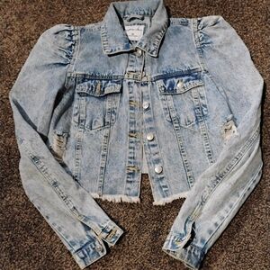 Distressed crop jean jacket